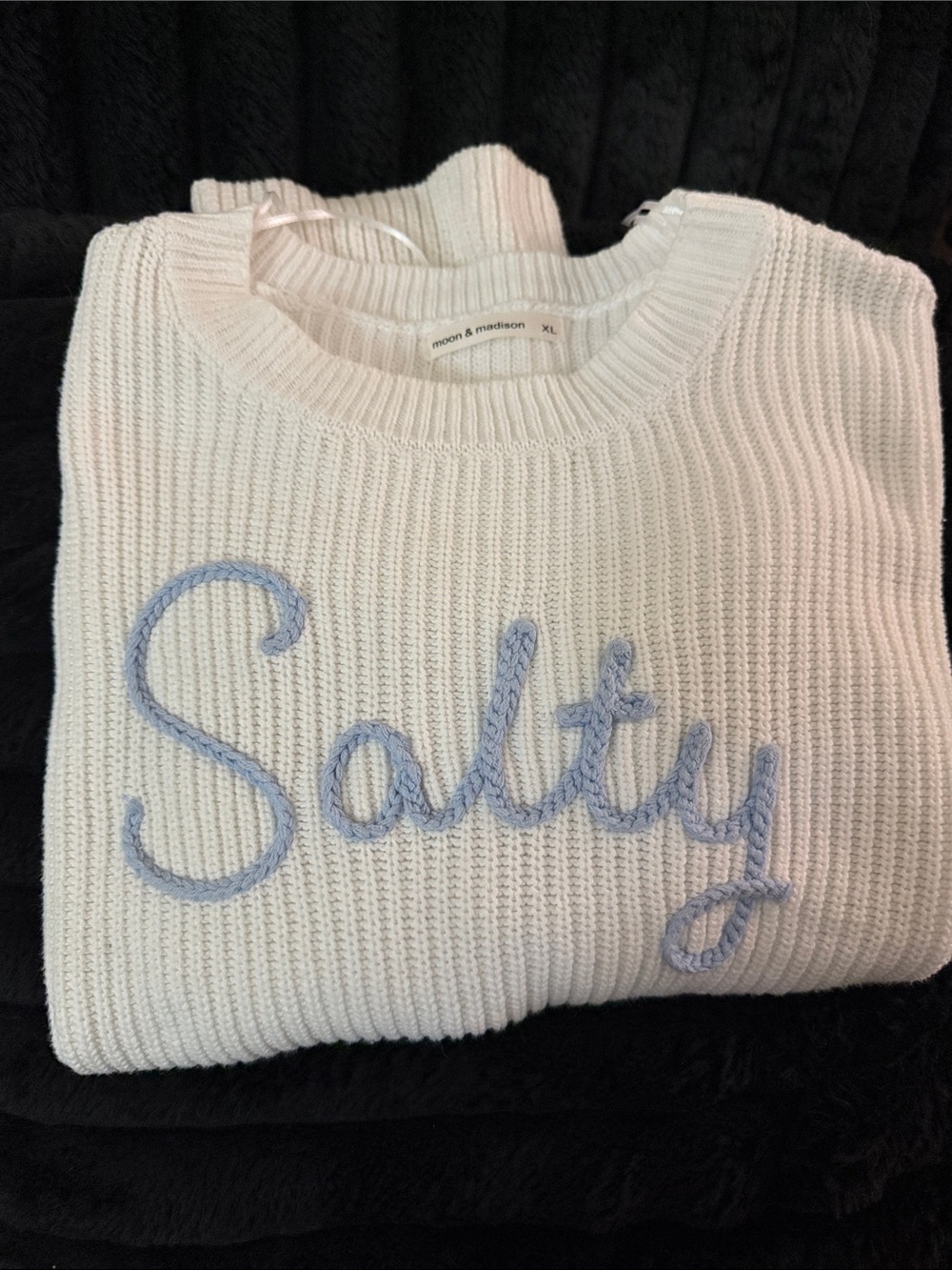 moon & madison Cream Crewneck Sweater with Light Blue 'Sally' Embroidery